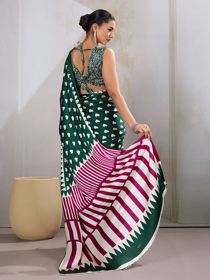 Dark Green Printed Satin Saree - Monjolika Fashion