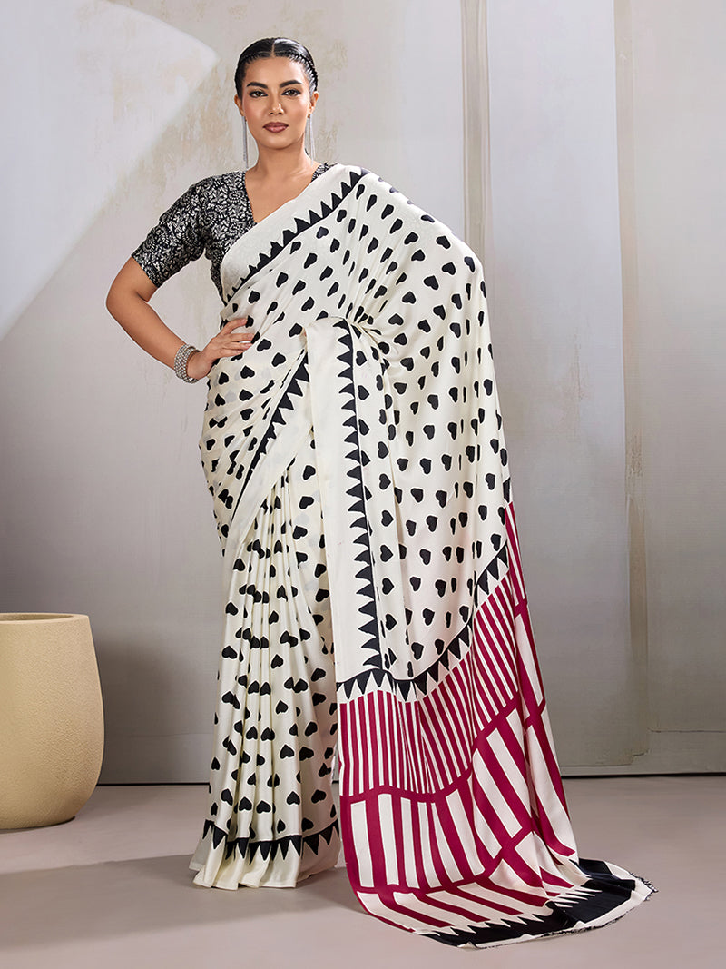 White Printed Satin Saree - Monjolika Fashion