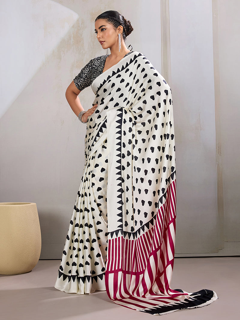 White Printed Satin Saree - Monjolika Fashion