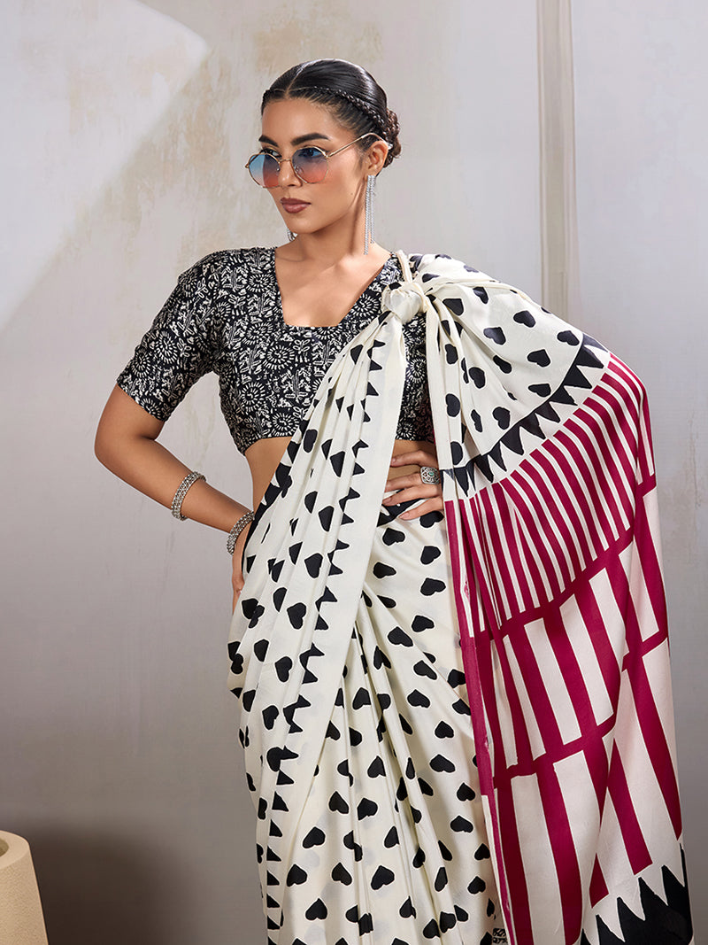 White Printed Satin Saree - Monjolika Fashion