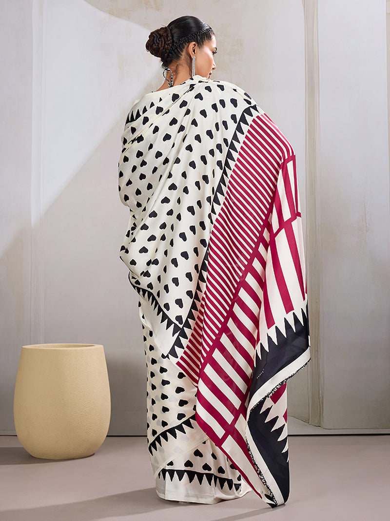 White Printed Satin Saree - Monjolika Fashion