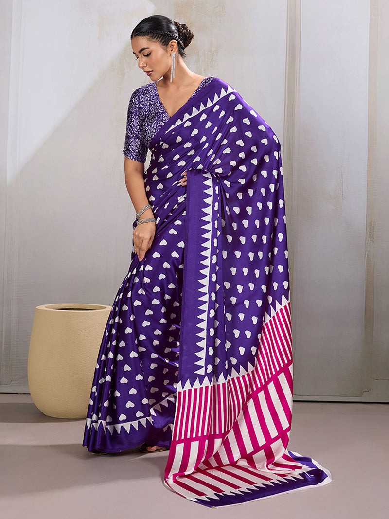 Violet Printed Satin Saree - Monjolika Fashion