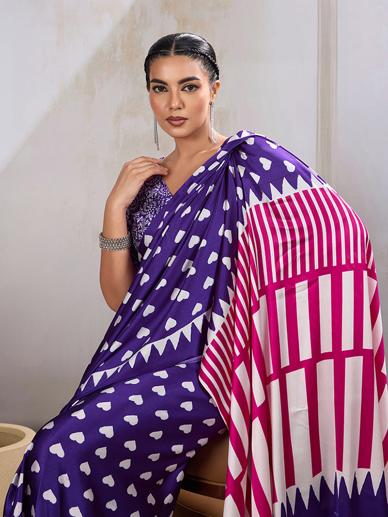 Violet Printed Satin Saree - Monjolika Fashion