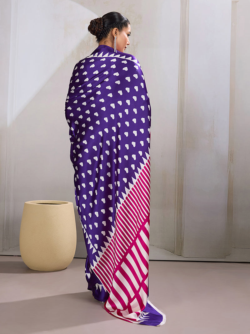 Violet Printed Satin Saree - Monjolika Fashion