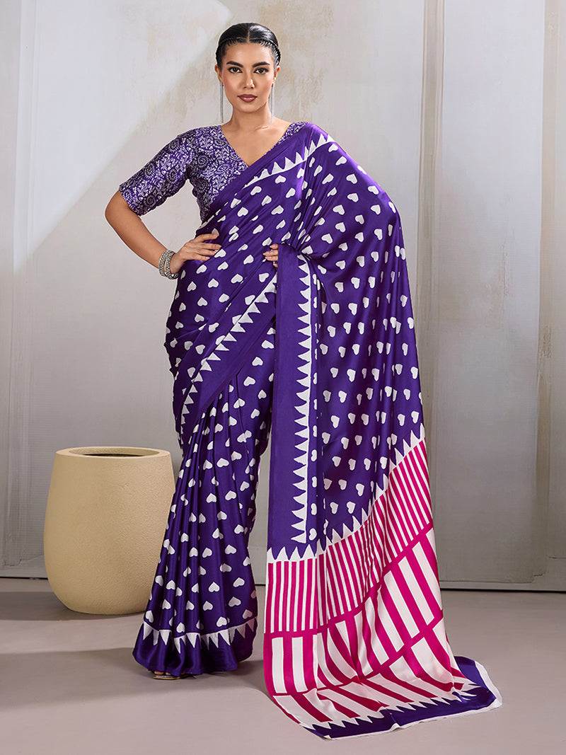 Violet Printed Satin Saree - Monjolika Fashion
