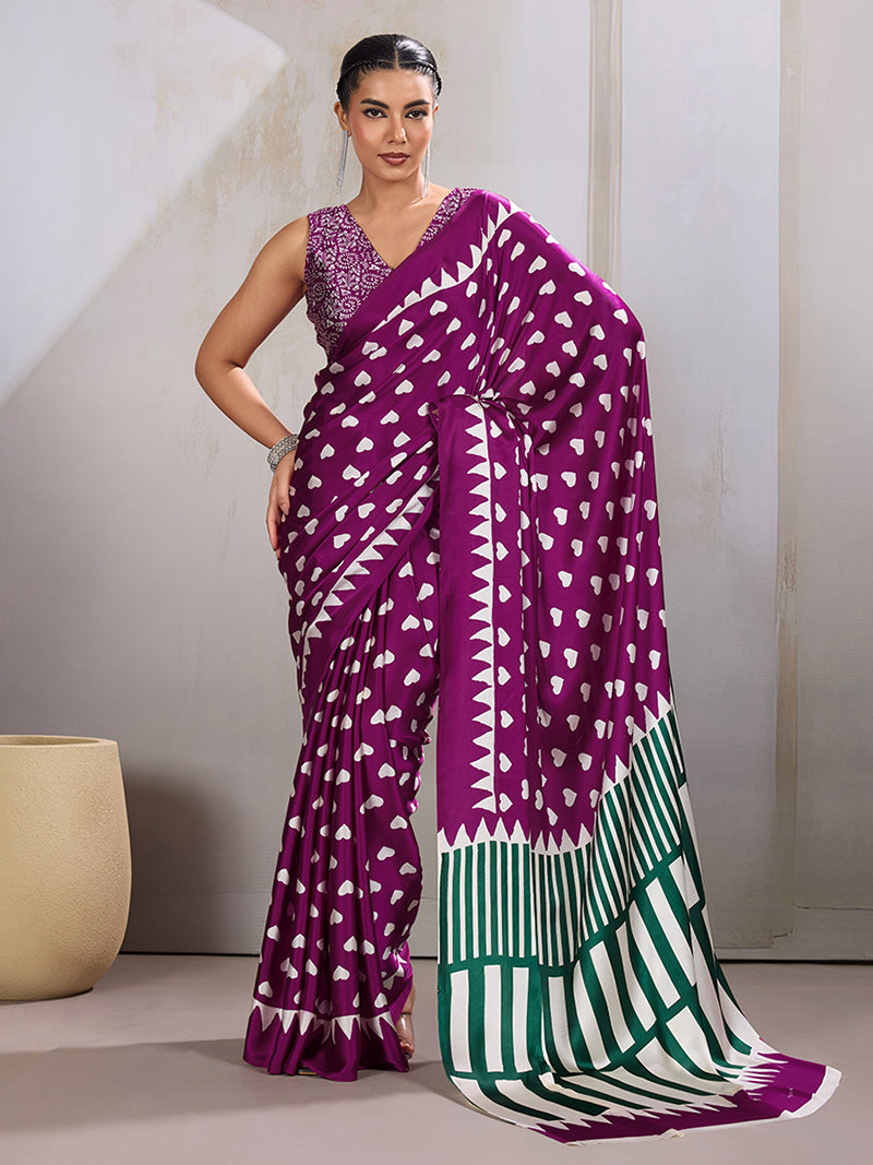Dark Magenta Printed Satin Saree - Monjolika Fashion