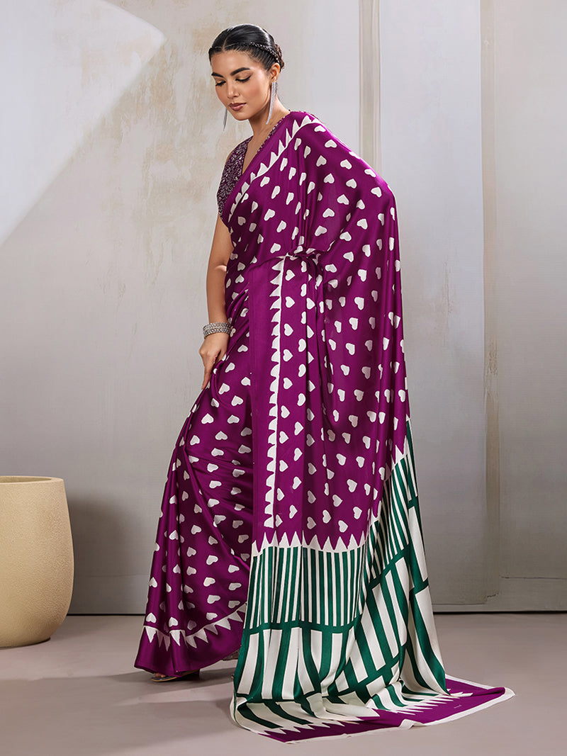 Dark Magenta Printed Satin Saree - Monjolika Fashion