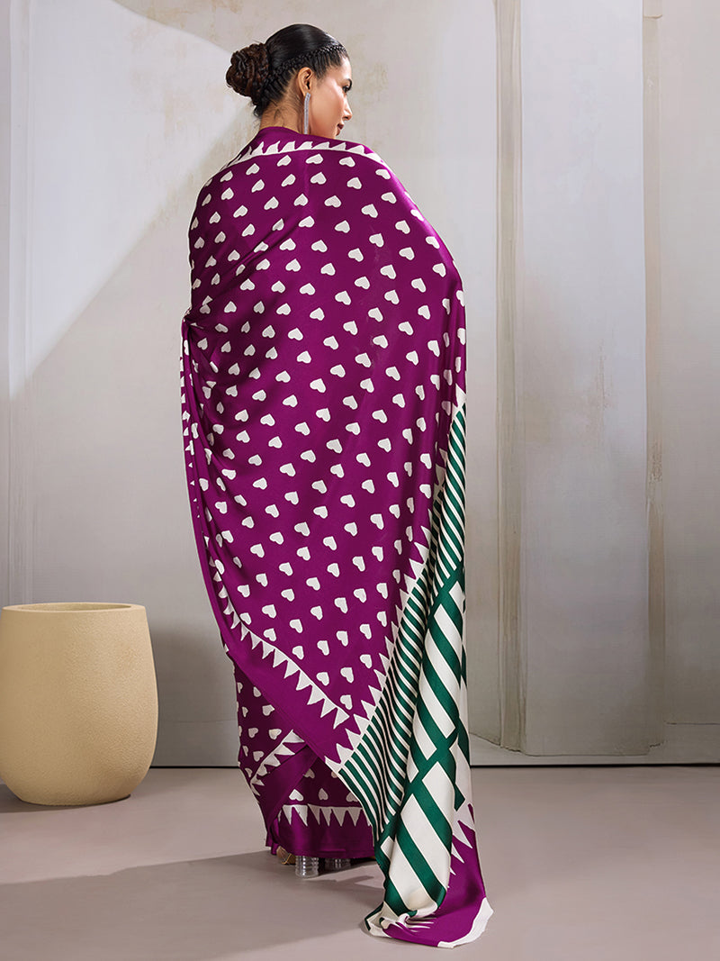 Dark Magenta Printed Satin Saree - Monjolika Fashion