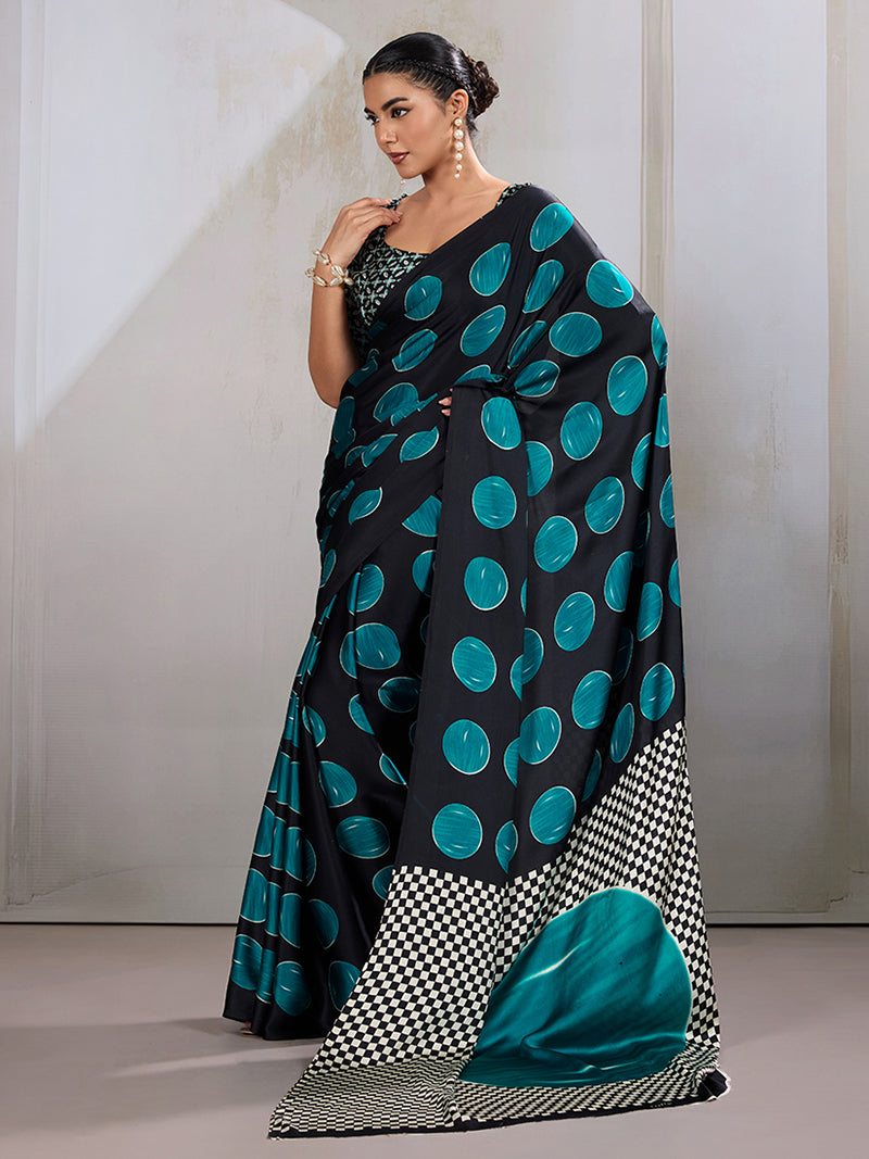 Black & Teal Satin Printed Saree - Monjolika Fashion