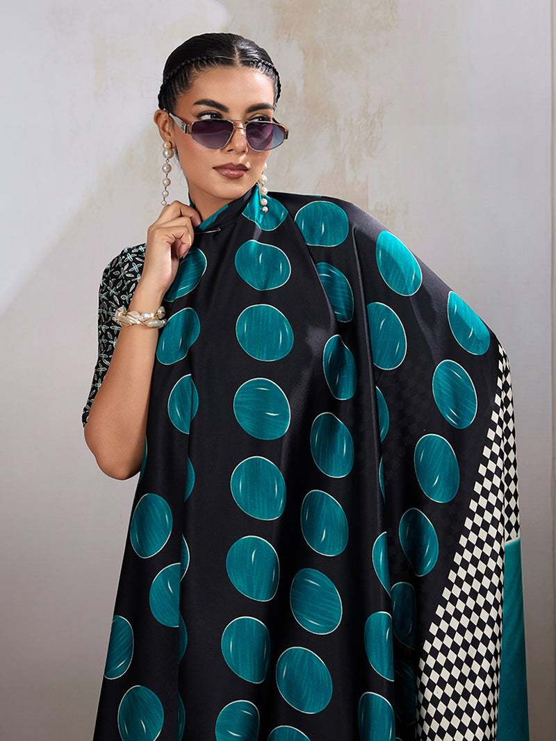 Black & Teal Satin Printed Saree - Monjolika Fashion