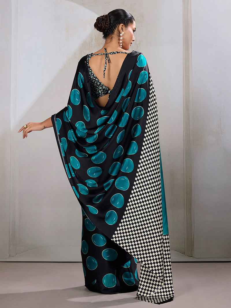 Black & Teal Satin Printed Saree - Monjolika Fashion