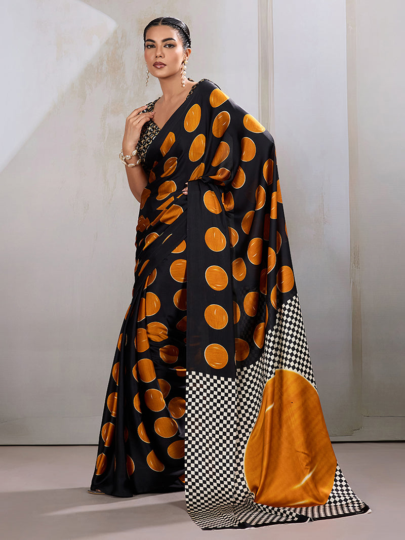 Black & Orange Satin Printed Saree - Monjolika Fashion