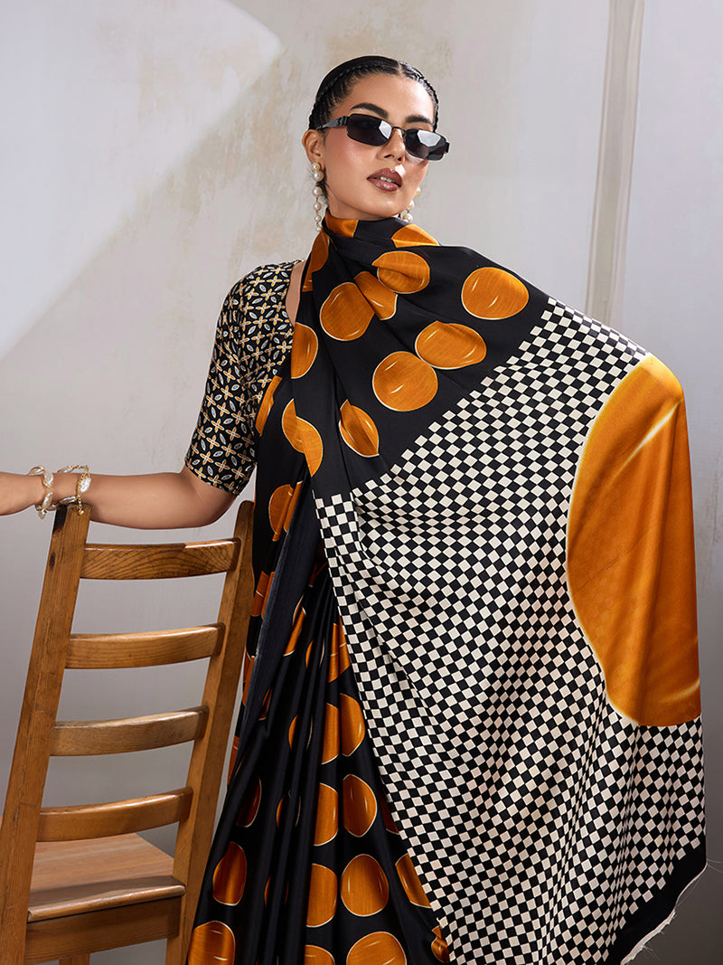 Black & Orange Satin Printed Saree - Monjolika Fashion