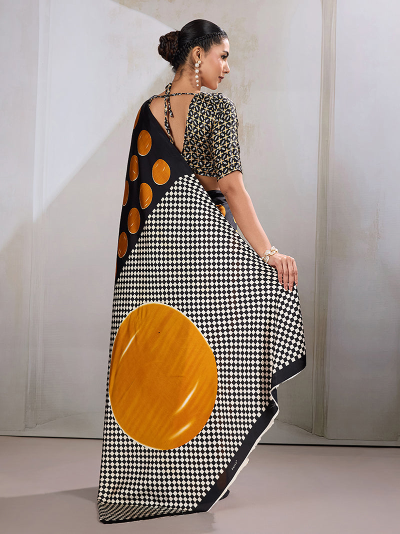 Black & Orange Satin Printed Saree - Monjolika Fashion