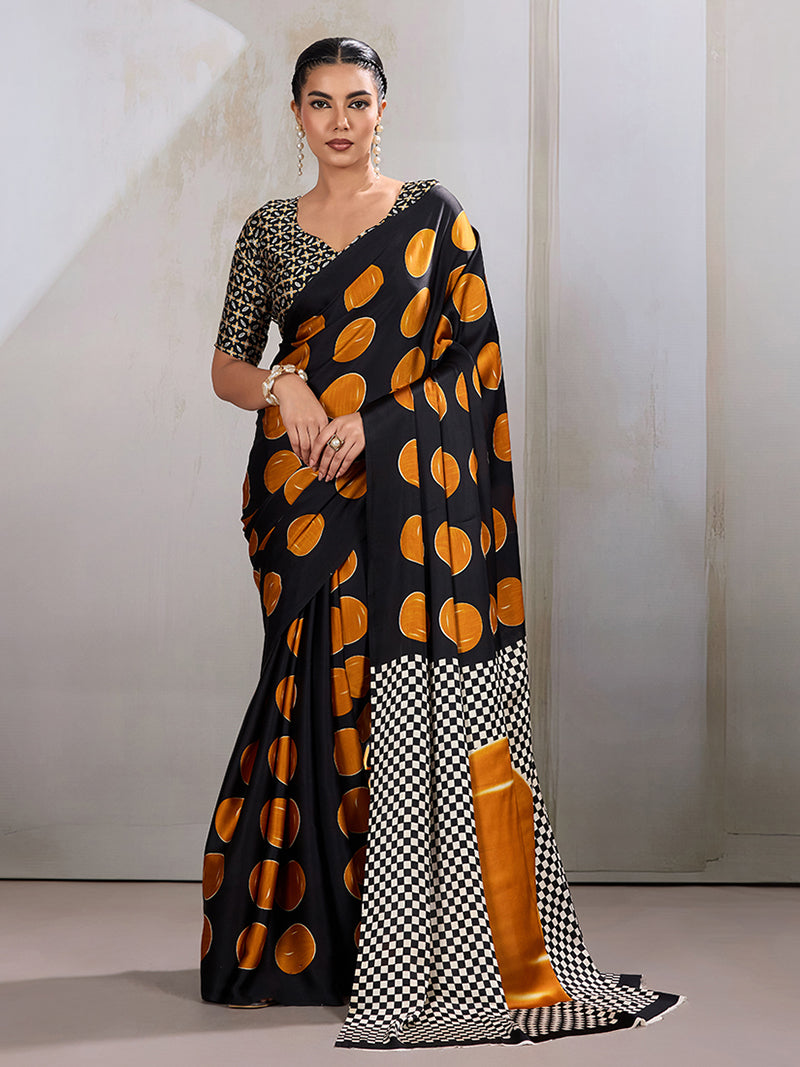 Black & Orange Satin Printed Saree - Monjolika Fashion