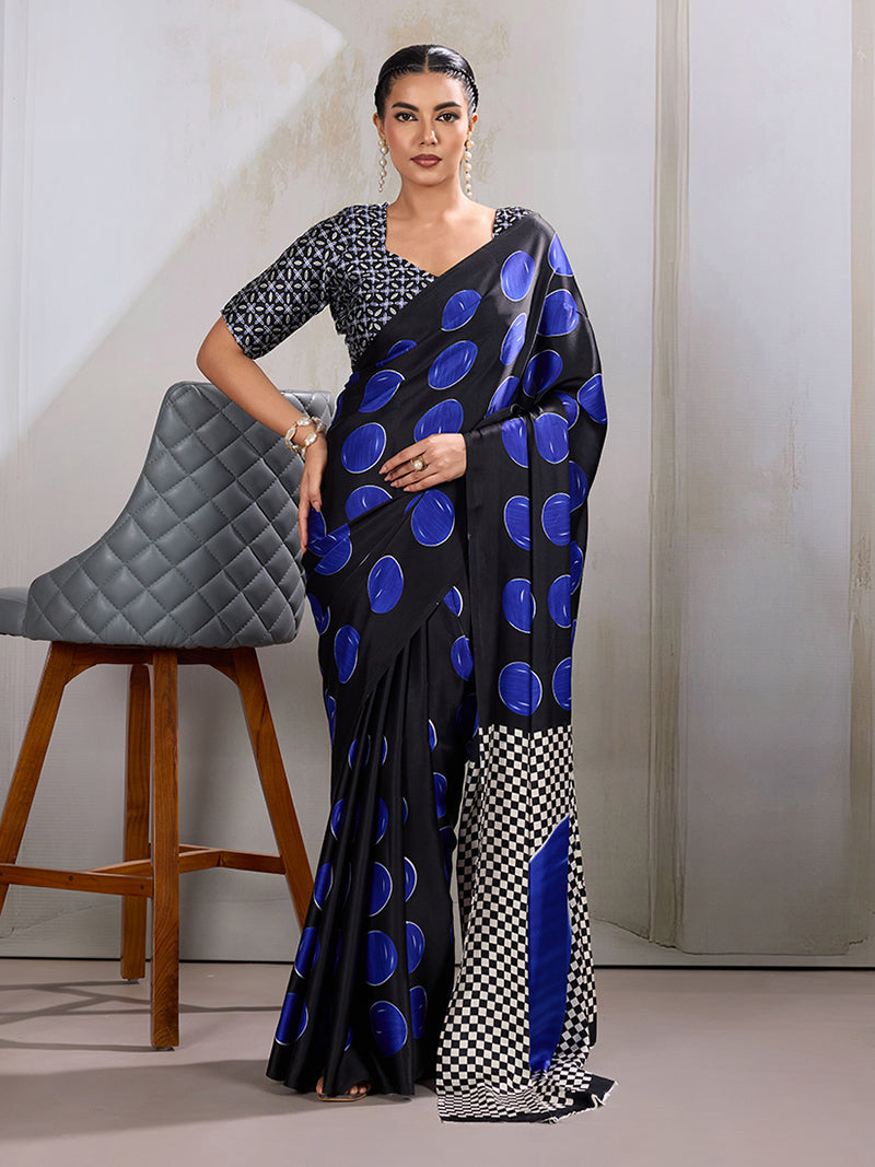 Black & Blue Satin Printed Saree - Monjolika Fashion