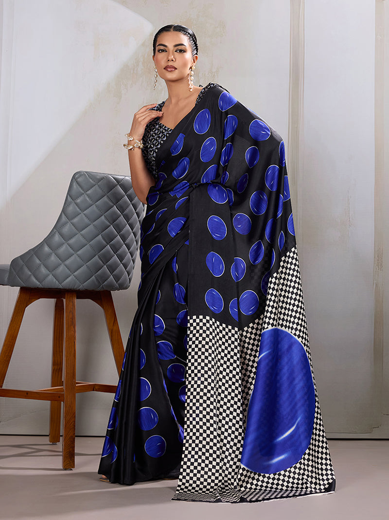Black & Blue Satin Printed Saree - Monjolika Fashion