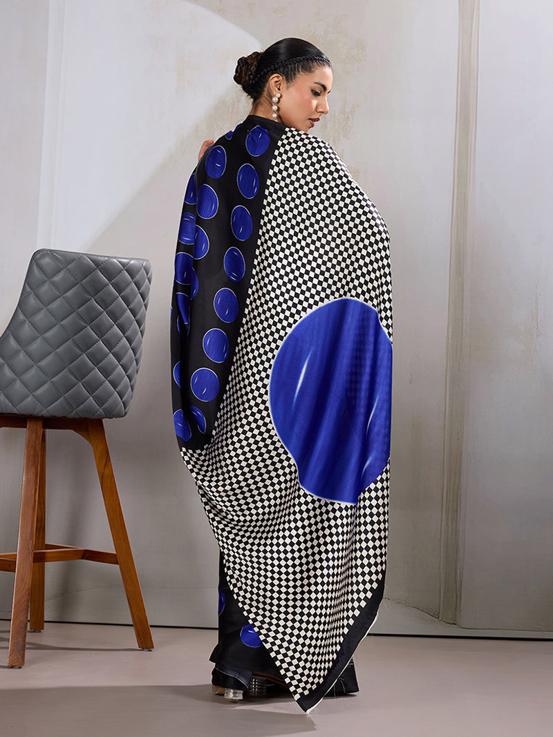 Black & Blue Satin Printed Saree - Monjolika Fashion