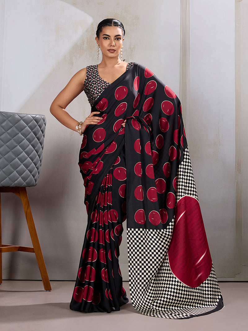 Black & Red Satin Printed Saree - Monjolika Fashion