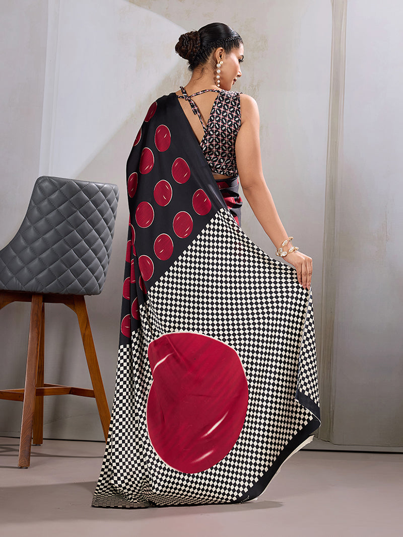 Black & Red Satin Printed Saree - Monjolika Fashion