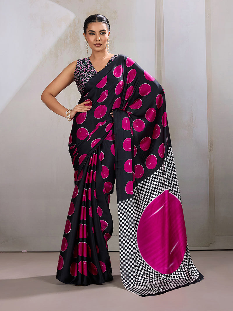 Black & Hot Pink Satin Printed Saree - Monjolika Fashion