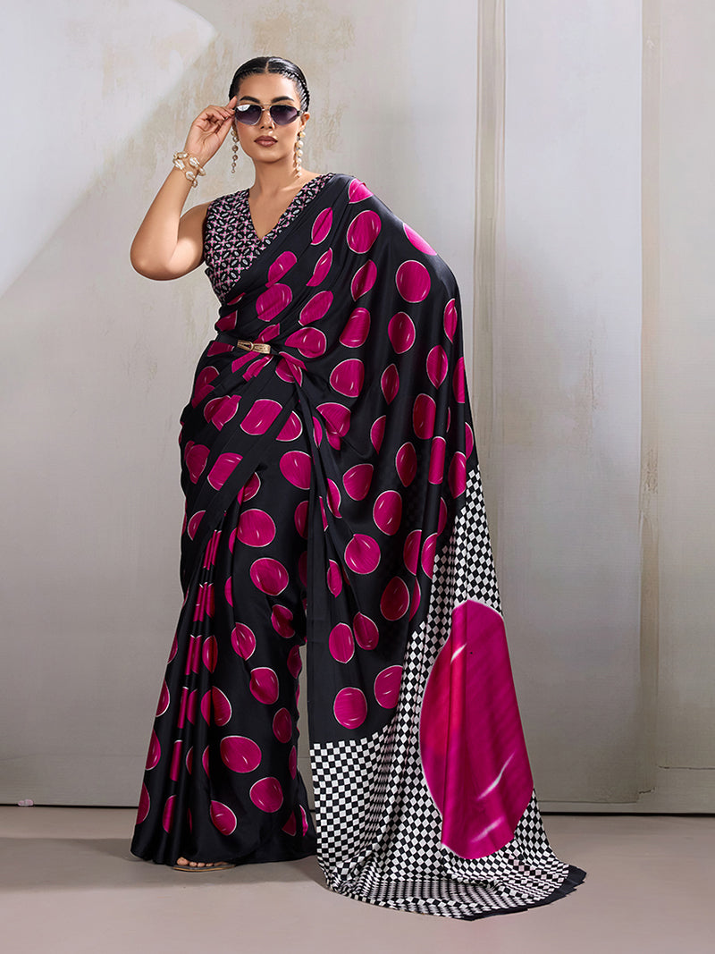Black & Hot Pink Satin Printed Saree - Monjolika Fashion