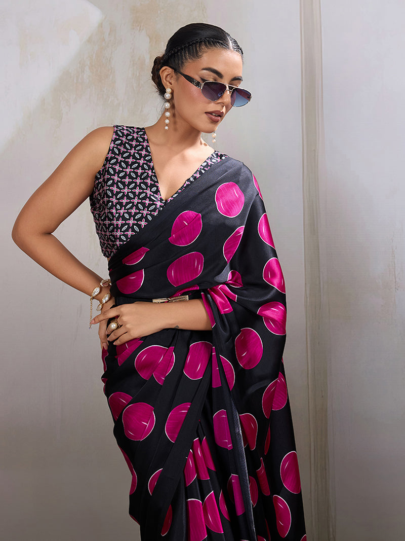 Black & Hot Pink Satin Printed Saree - Monjolika Fashion