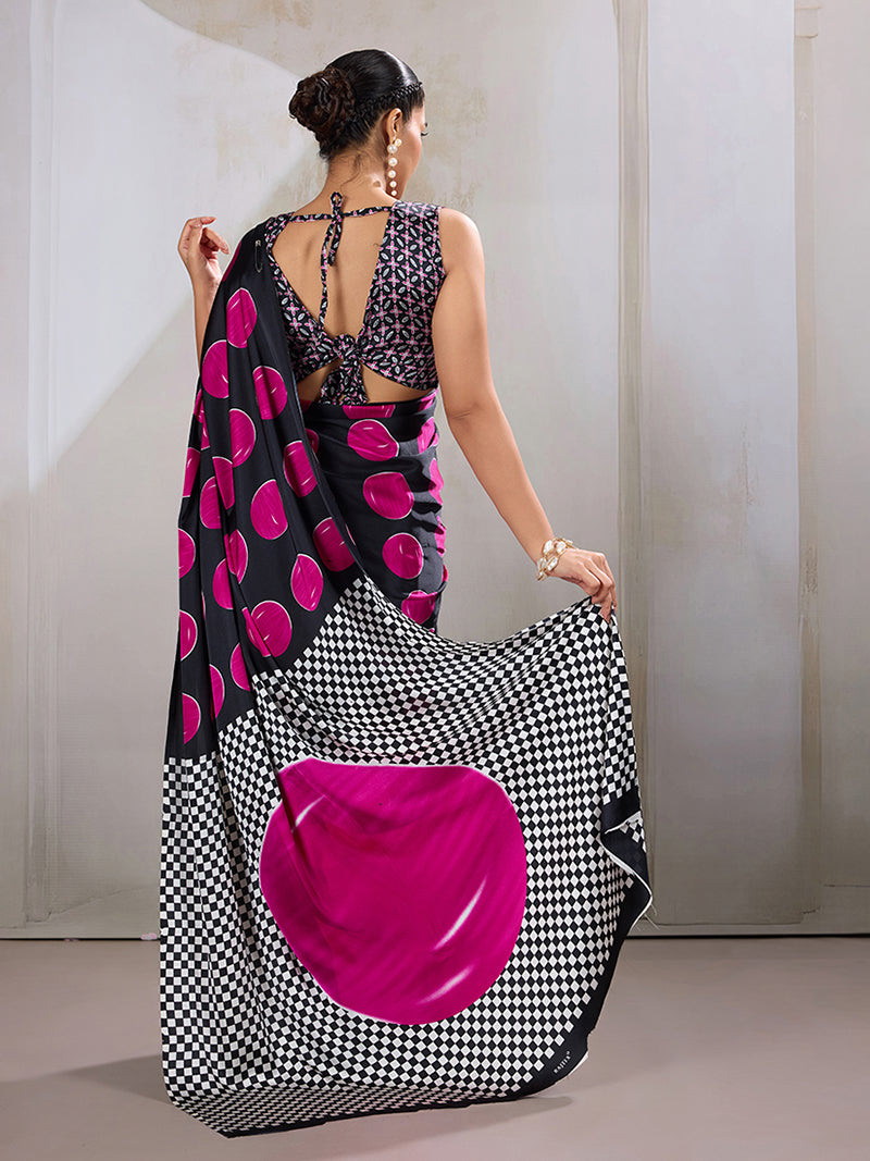 Black & Hot Pink Satin Printed Saree - Monjolika Fashion
