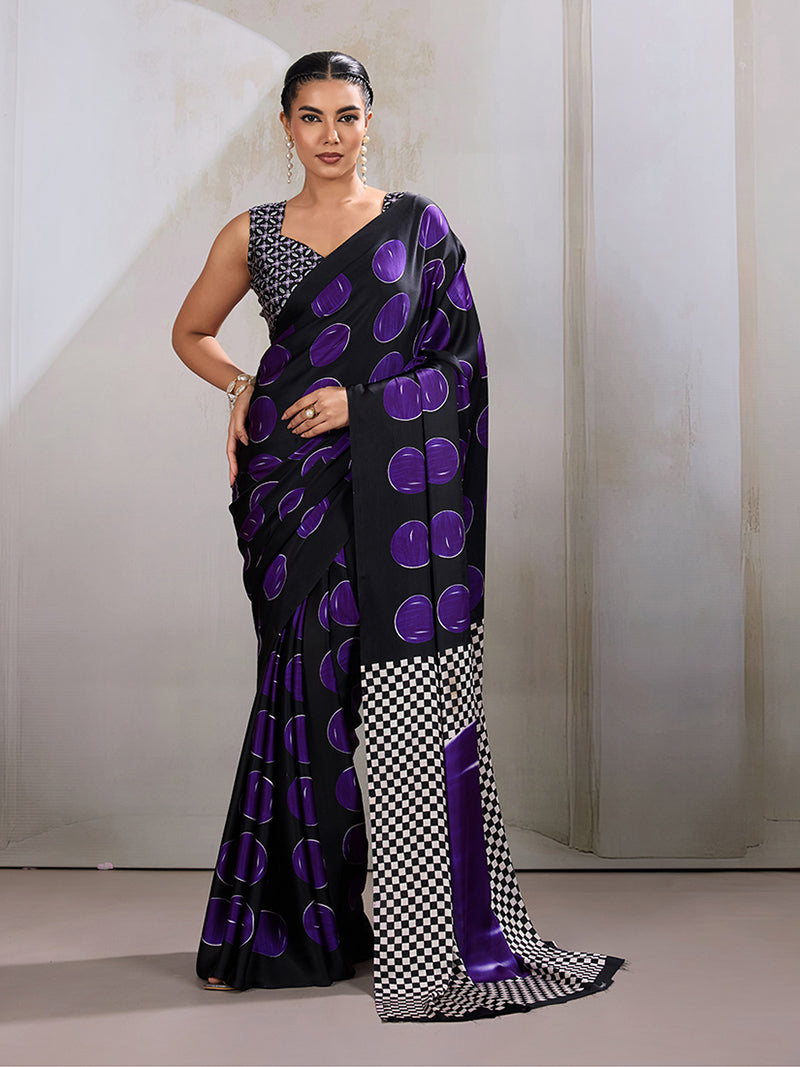 Black & Violet Satin Printed Saree - Monjolika Fashion