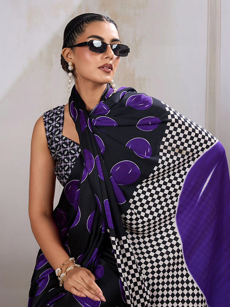 Black & Violet Satin Printed Saree - Monjolika Fashion