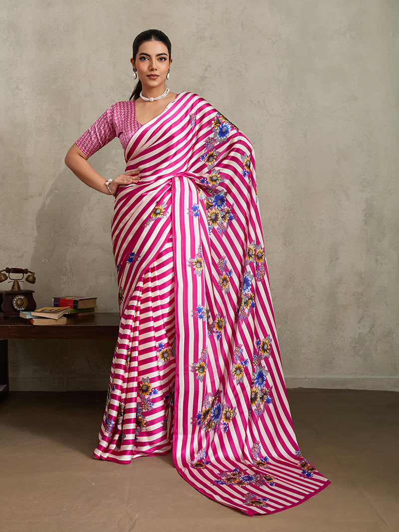 Hot Pink Printed Satin Saree - Monjolika Fashion