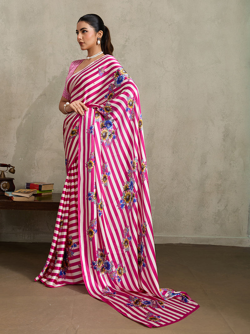 Hot Pink Printed Satin Saree - Monjolika Fashion