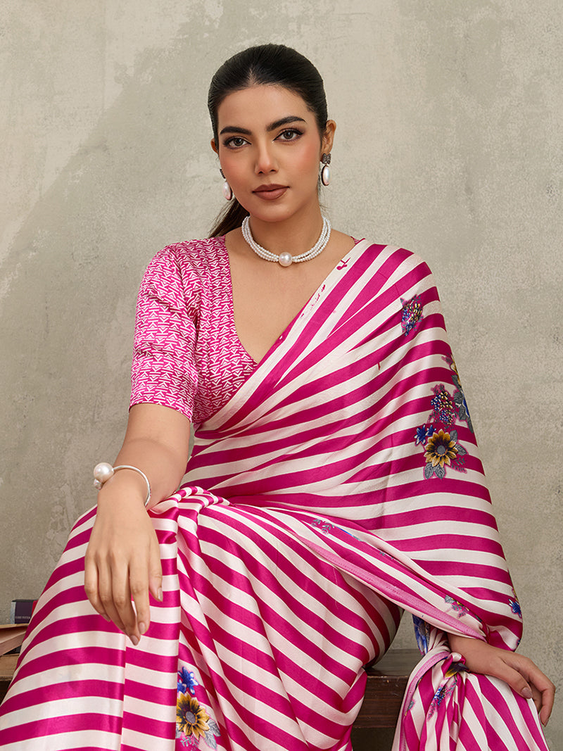 Hot Pink Printed Satin Saree - Monjolika Fashion