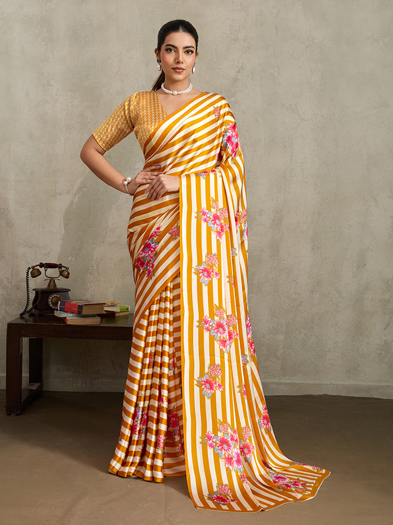 Mustard Printed Satin Saree - Monjolika Fashion