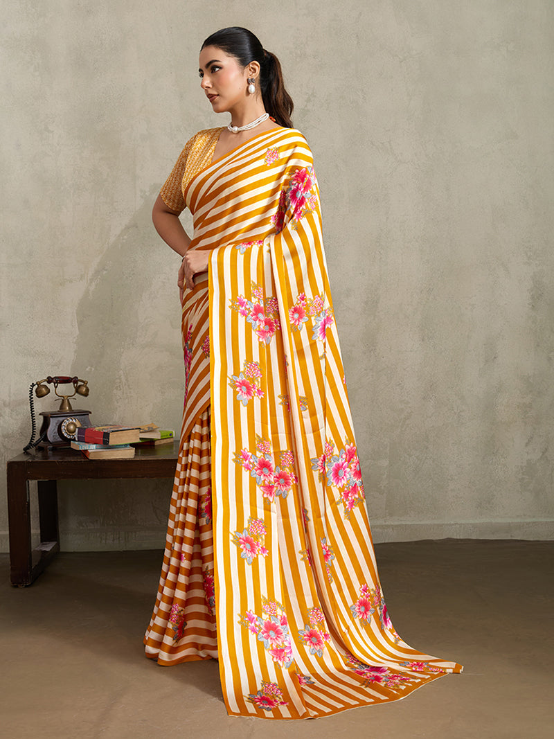 Mustard Printed Satin Saree - Monjolika Fashion