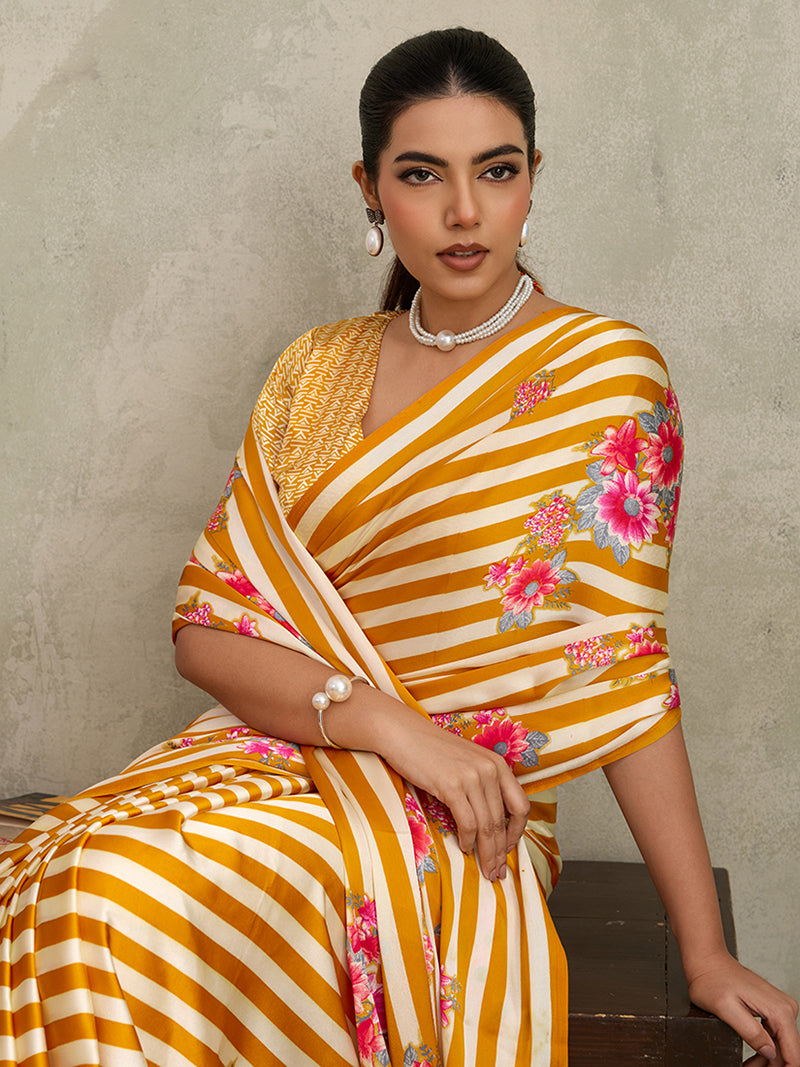 Mustard Printed Satin Saree - Monjolika Fashion