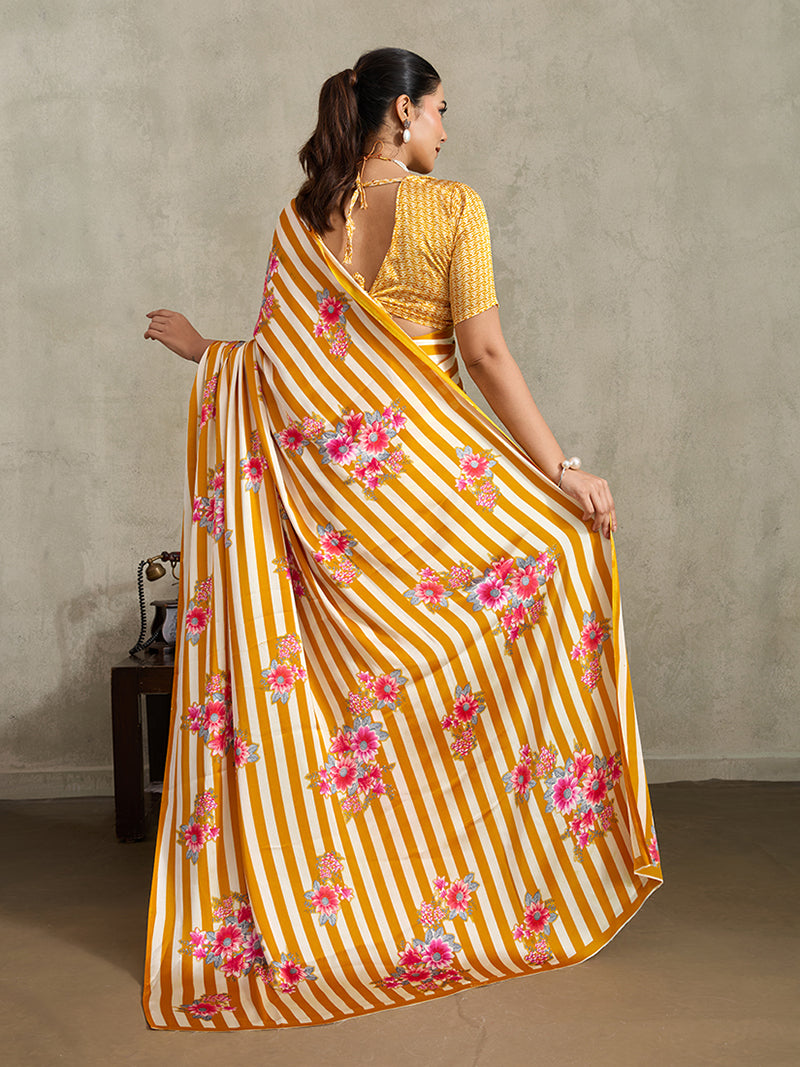 Mustard Printed Satin Saree - Monjolika Fashion