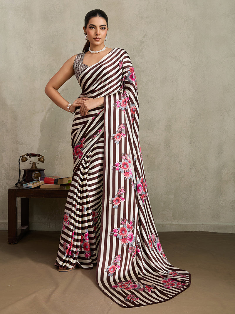 Brown Printed Satin Saree - Monjolika Fashion