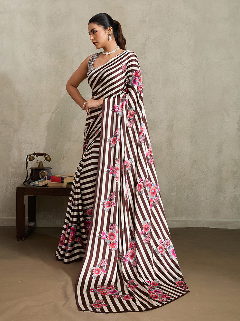 Brown Printed Satin Saree - Monjolika Fashion