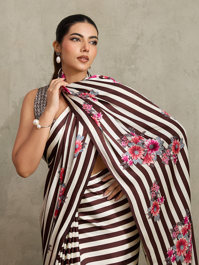 Brown Printed Satin Saree - Monjolika Fashion