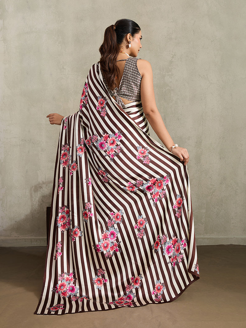 Brown Printed Satin Saree - Monjolika Fashion
