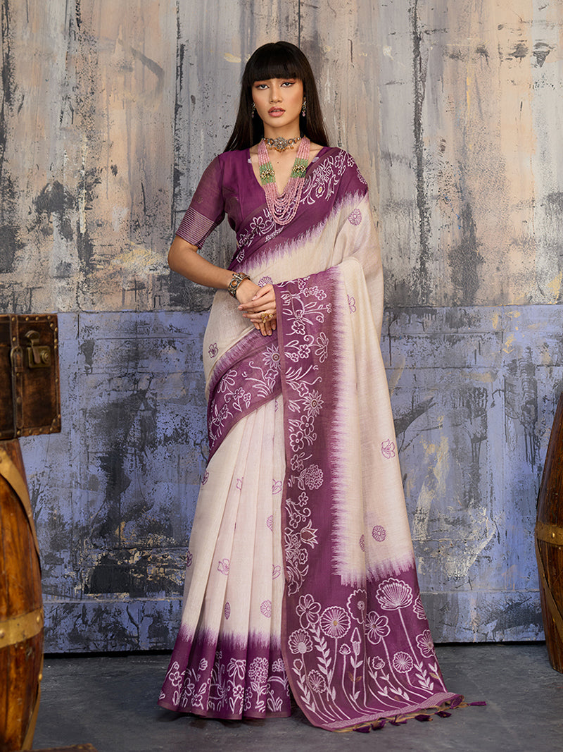 Cotton Blend Cream & Plum Saree - Monjolika Fashion