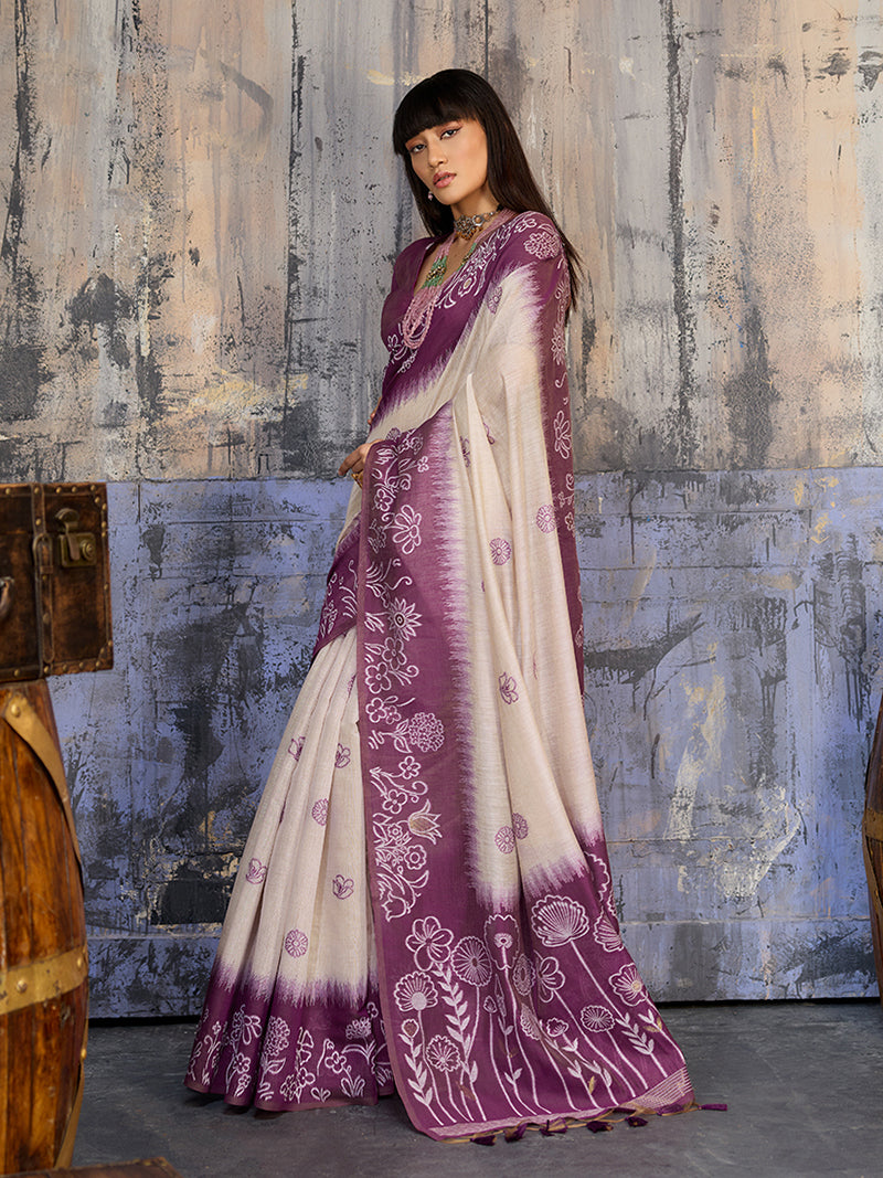 Cotton Blend Cream & Plum Saree - Monjolika Fashion