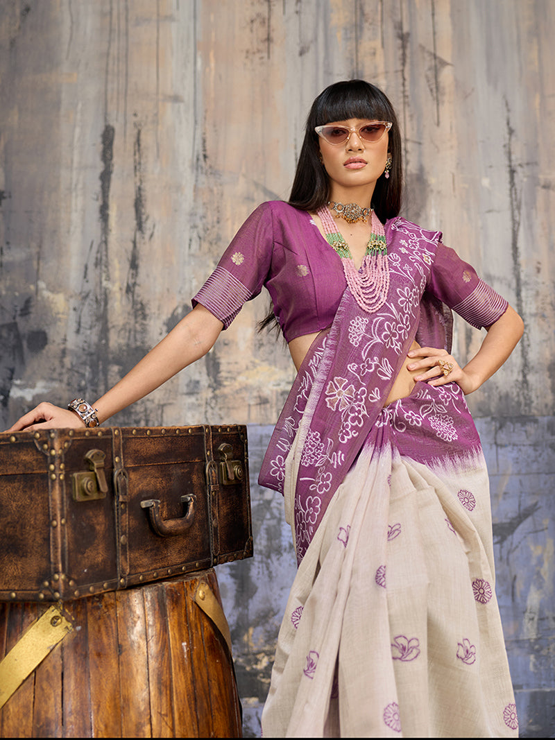Cotton Blend Cream & Plum Saree - Monjolika Fashion