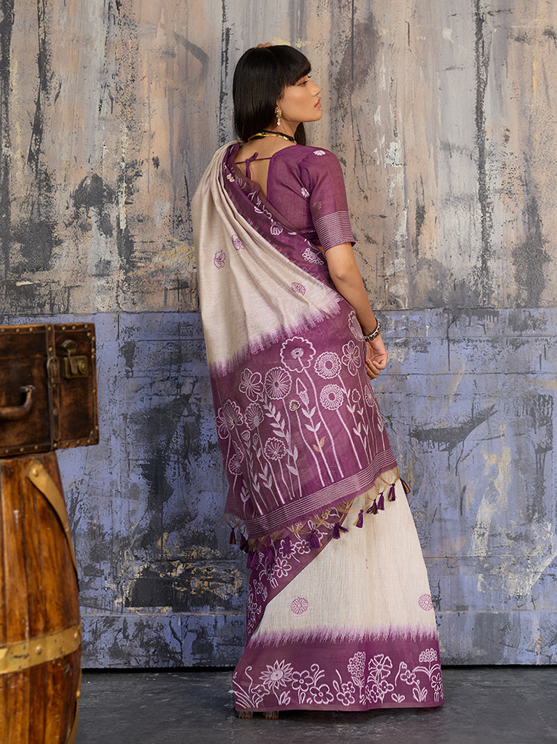 Cotton Blend Cream & Plum Saree - Monjolika Fashion