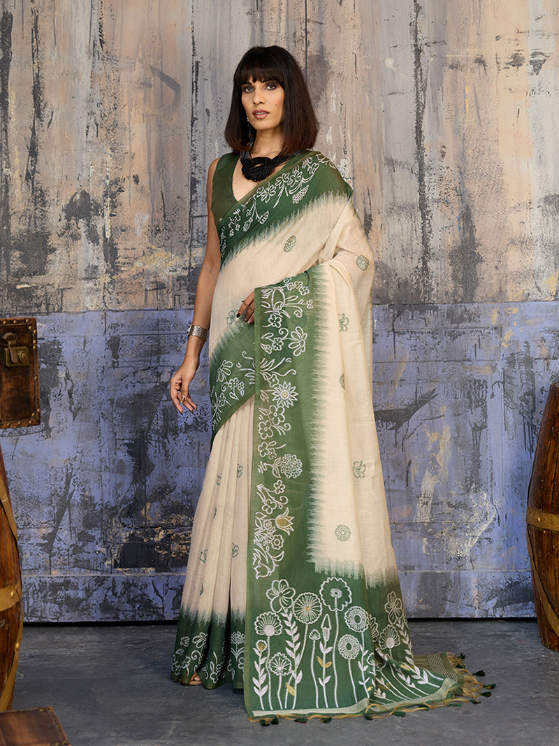 Cotton Blend Cream & Olive Green Saree - Monjolika Fashion