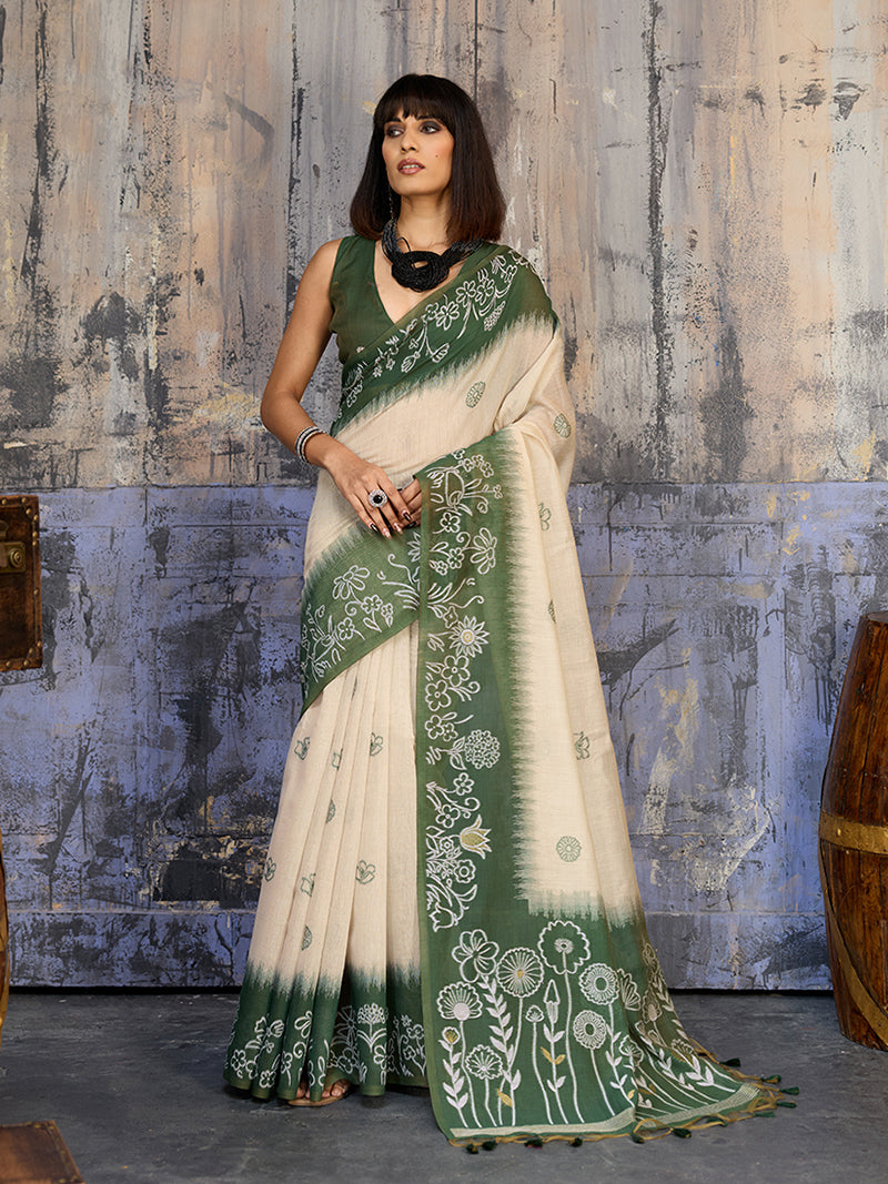 Cotton Blend Cream & Olive Green Saree - Monjolika Fashion