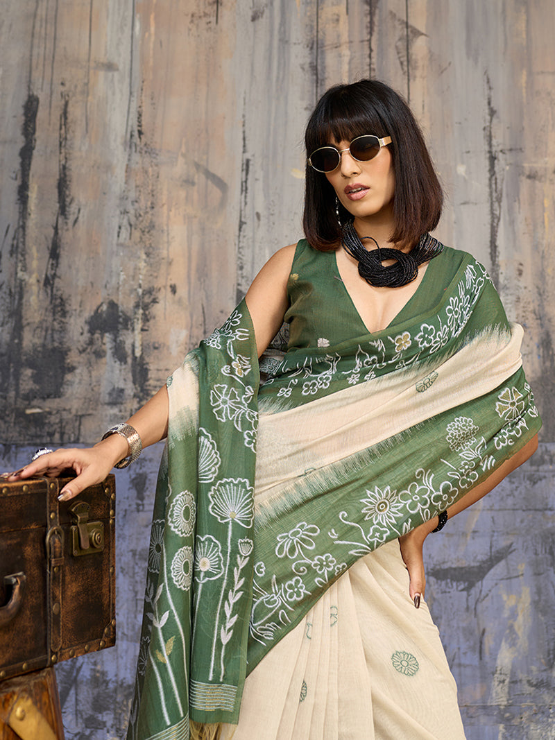 Cotton Blend Cream & Olive Green Saree - Monjolika Fashion