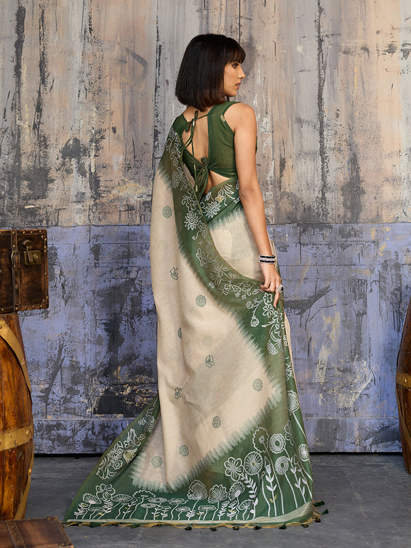 Cotton Blend Cream & Olive Green Saree - Monjolika Fashion