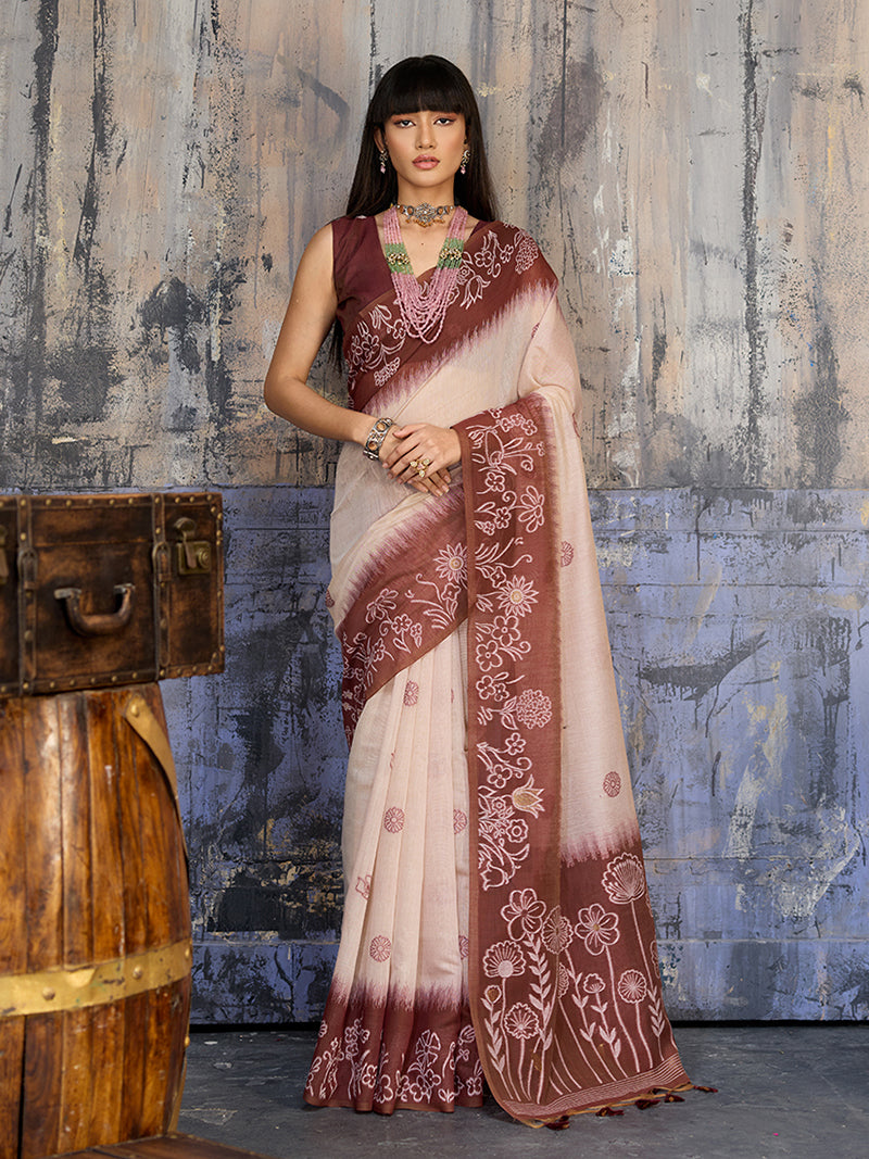 Cotton Blend Cream & Brown Saree - Monjolika Fashion